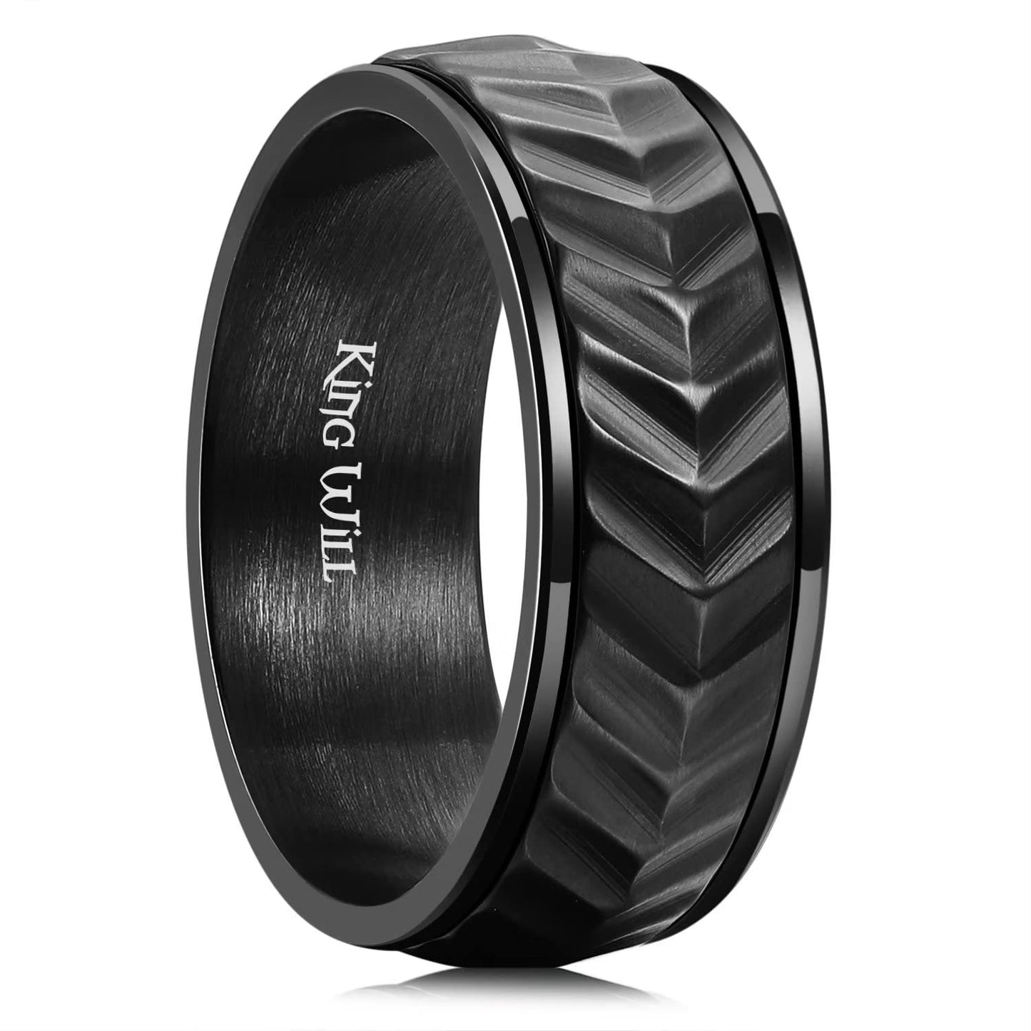 King Will Mens Black 8mm Spinner Rings Tire Stripe Groove Stainless Steel Anxiety Fidget Ring for Men 11