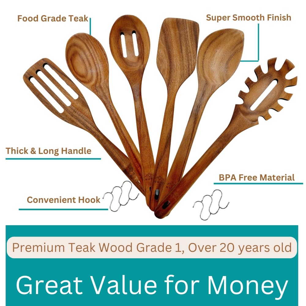 NHAF Wooden Utensils for Cooking, Premium Teak Healthy Spoons, Wooden Spoons for Cooking, Durable Eco-Friendly and Safe Teak Cooking Spoon, Cooking Gifts for Mom (set of 6) and Hooks