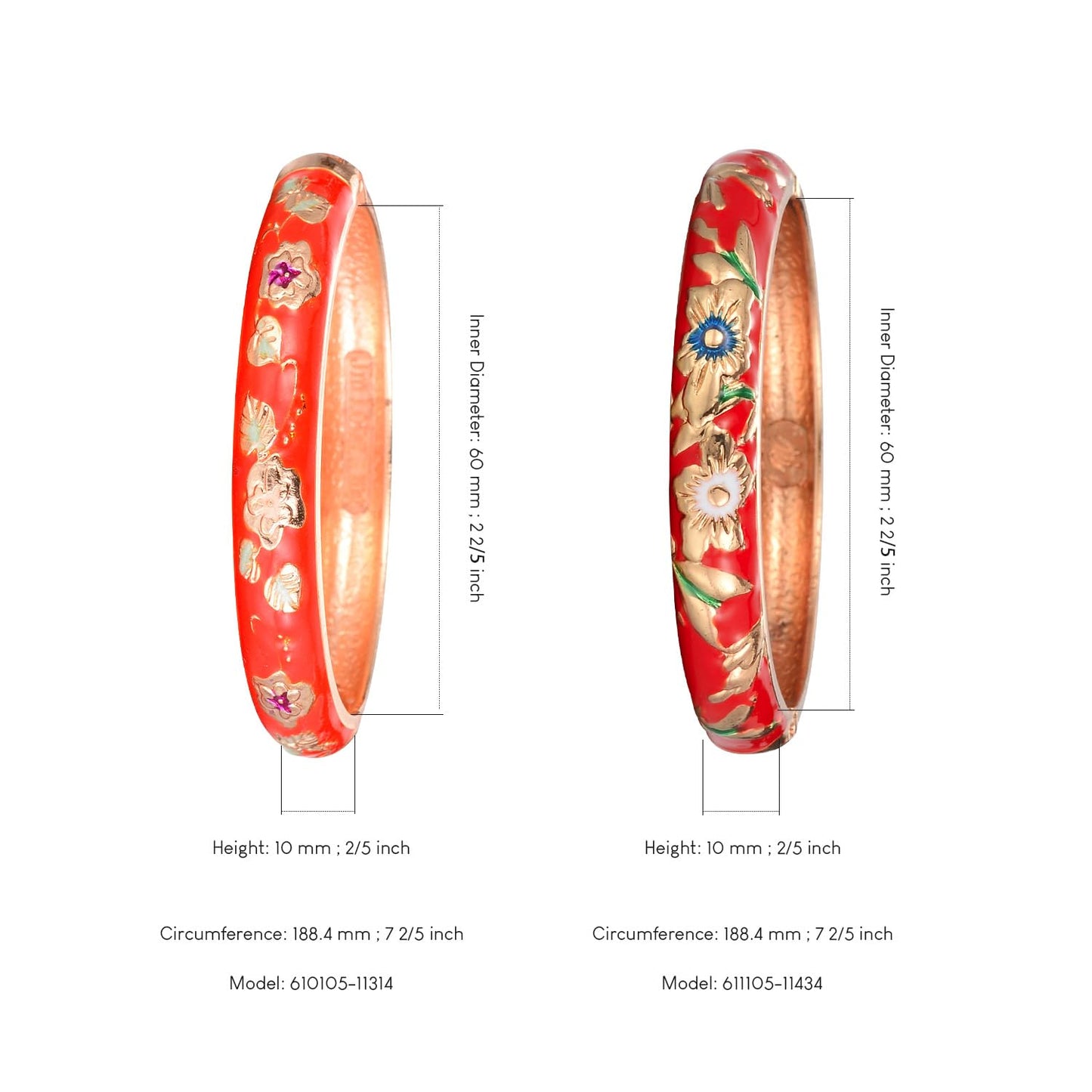 UJOY Vintage Bracelet Enameled Jewelry Spring Hinge Metal Gold Plated Cuff Cloisonne Bangles Set Gift Box Packed 55A87-55A103 Red