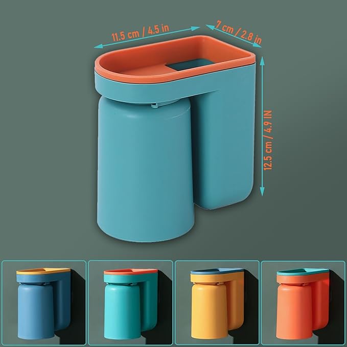 Toothbrush Holder Wall Mounted with Cup,2-in-1 Toothbrush Holders & Cups Set,Inverted Design for Easy Cleaning and draining,Stick-on Toothbrush Holder for Bathroom (4 Pack)
