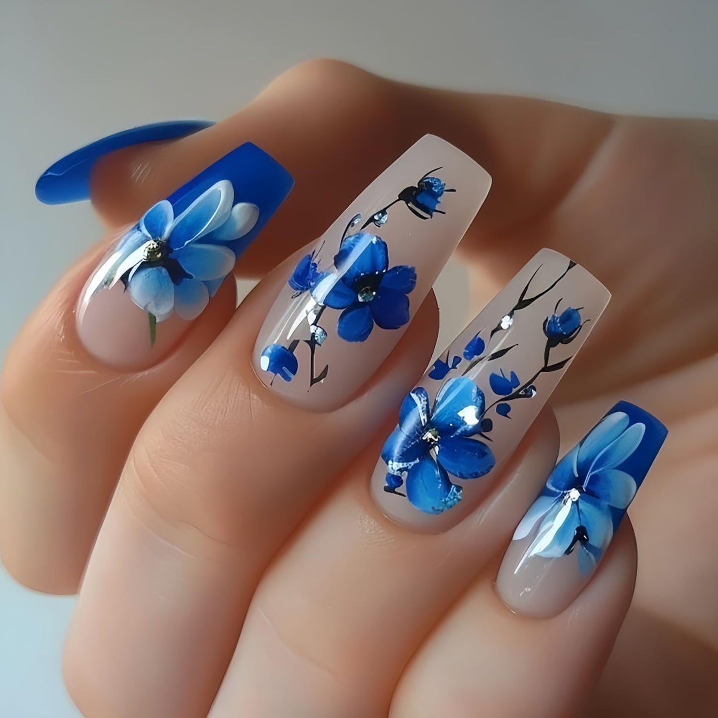 Blue Flower Press on Nails Medium Ballet Shaped Full Cover Glossy Acrylic False Nail Blue Floral Pattern Design Ballet Artificial Fingernails Blossom Stick on Nail Press Ons Glue on Nais for Women