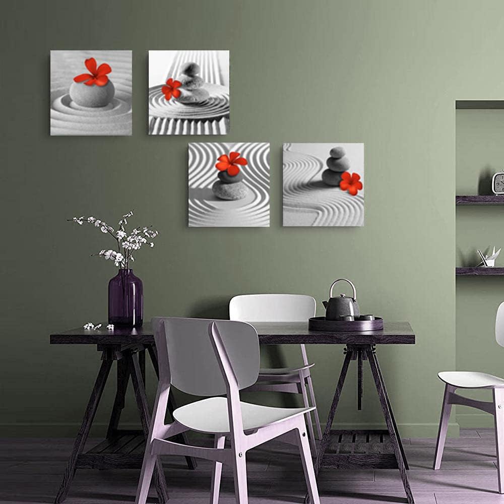 Yxbhhym Bathroom Decor Zen Decor Gray Wall Art Red Floral Wall Pictures Black and White Wall Art Flower Zen Stone Sand Pebble Canvas Print Artwork for Bedroom Living Room Home Wall Decoration