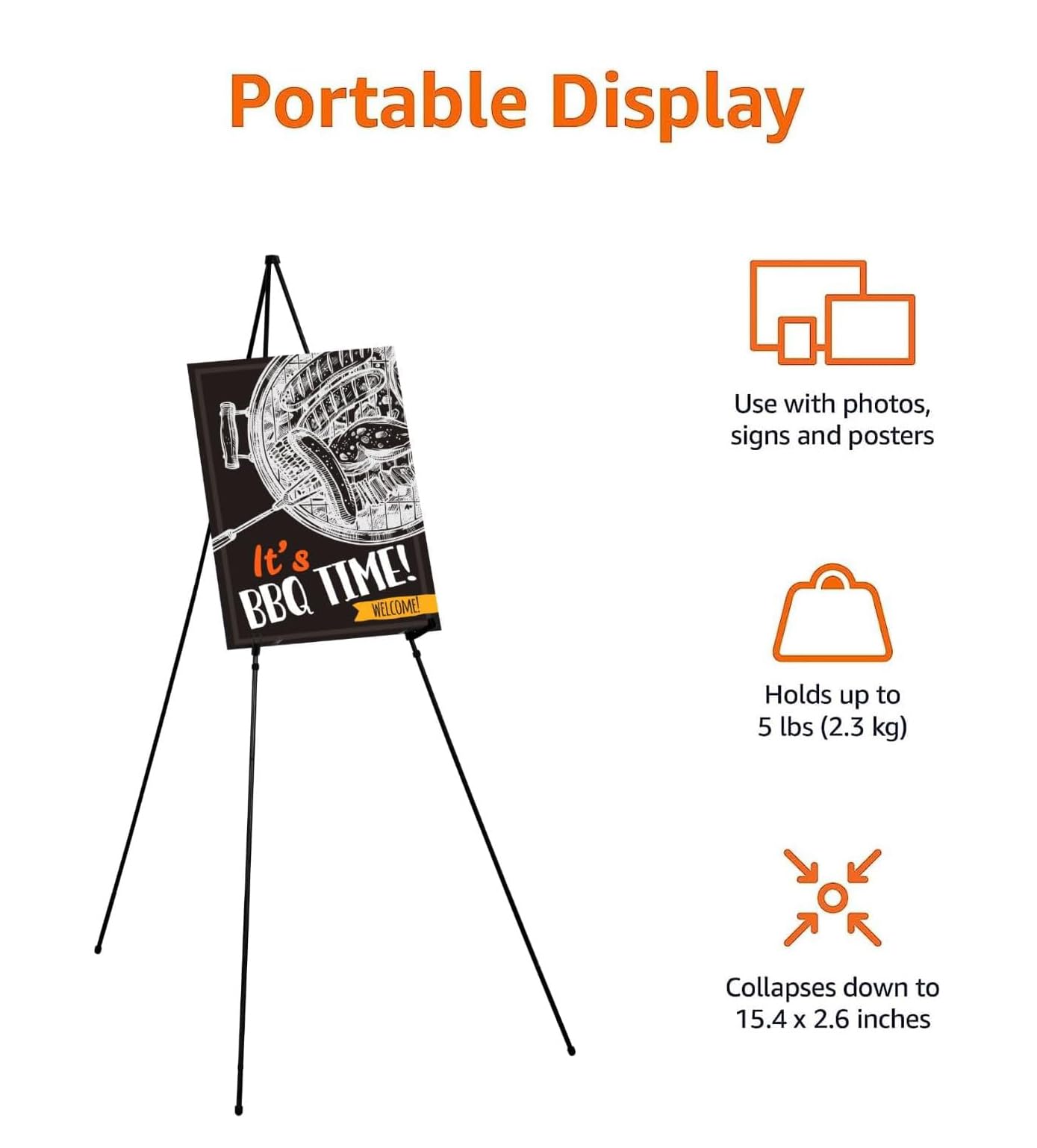Amazon Basics Easel Display Stand, Instant Floor Poster, Lightweight, Collapsible and Portable with Tripod Base, Black Steel (supports 5 pounds)