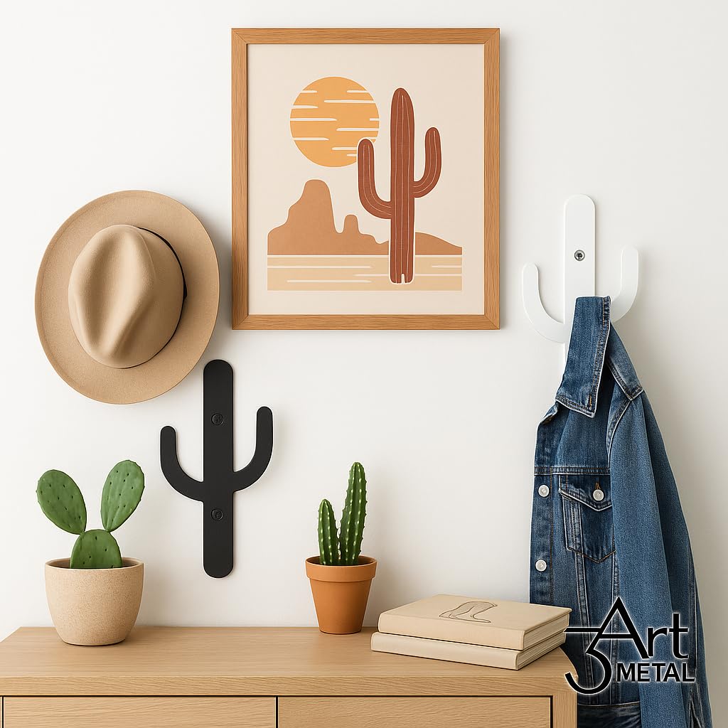 3Art Metal Cactus Wall Hooks Set of 2 – Black & White Minimal Metal Hangers – Decorative Wall Rack for Entryway, Bathroom, Kitchen, Modern Minimalist Decor