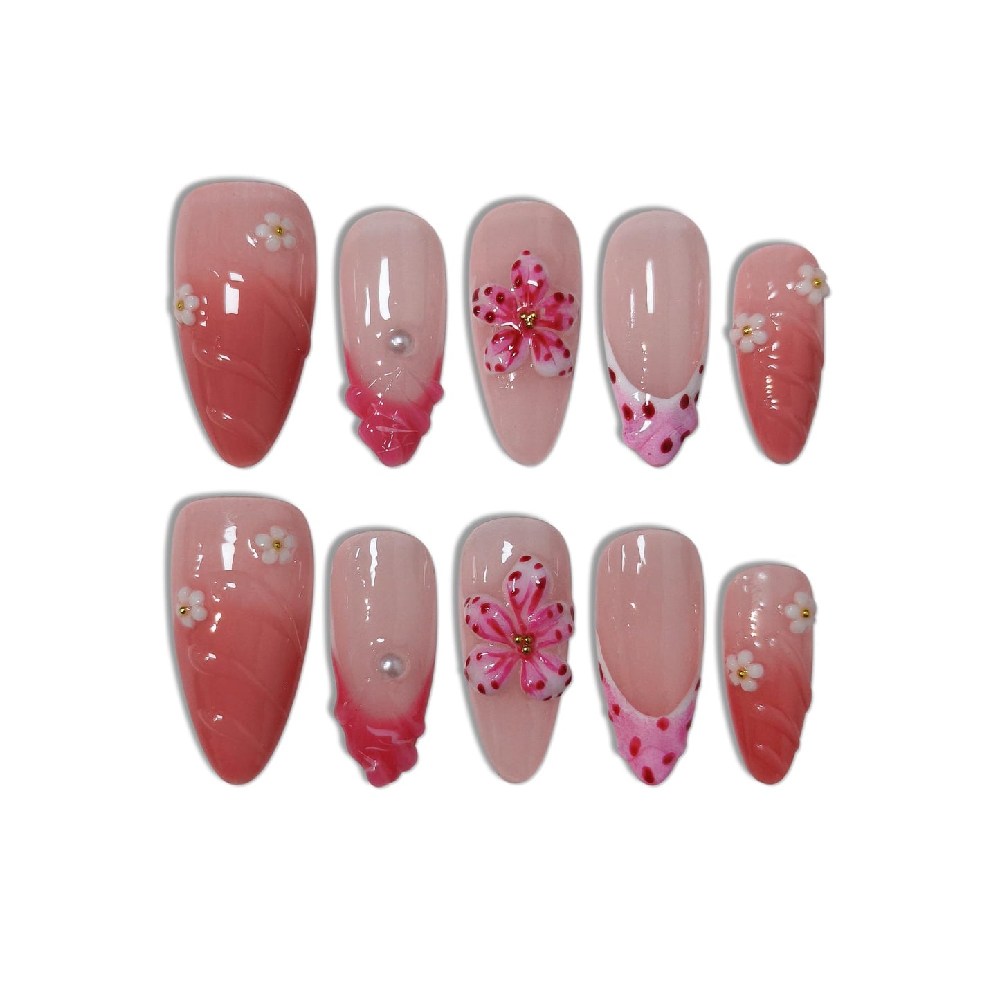 TENPAL Almond Press on Nails - Pink French Ombre & 3D Texture with Polka Dot & Wave Carving, Reusable & Handmade False Nails for Spring Summer | Sweet Watercolor Style(L）