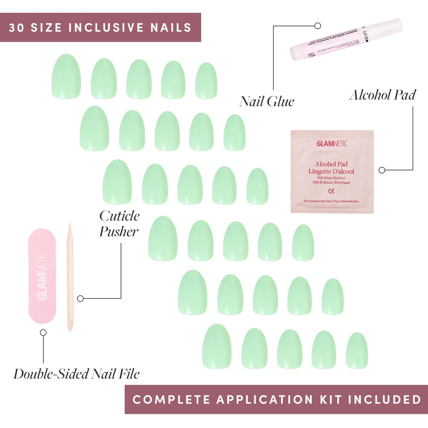 Glamnetic Press On Nails - Mint Green | Solid Opaque Pastel Green Short Oval Fake Nails, Salon Quality | 15 Sizes - 30 Nail Kit with Glue
