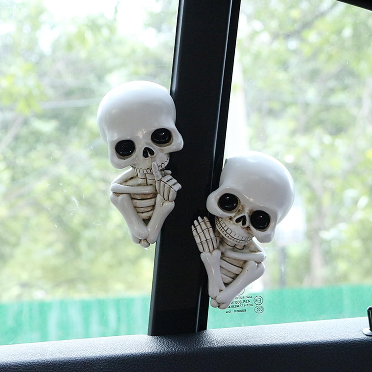 JARPSIRY Set of 2 Funny Keep Quiet Skeleton Statue Window Peeker Door Corner Decor, Horror Resin Skull Figurines Gothic Wall Sculpture Spooky Home Halloween Decorations