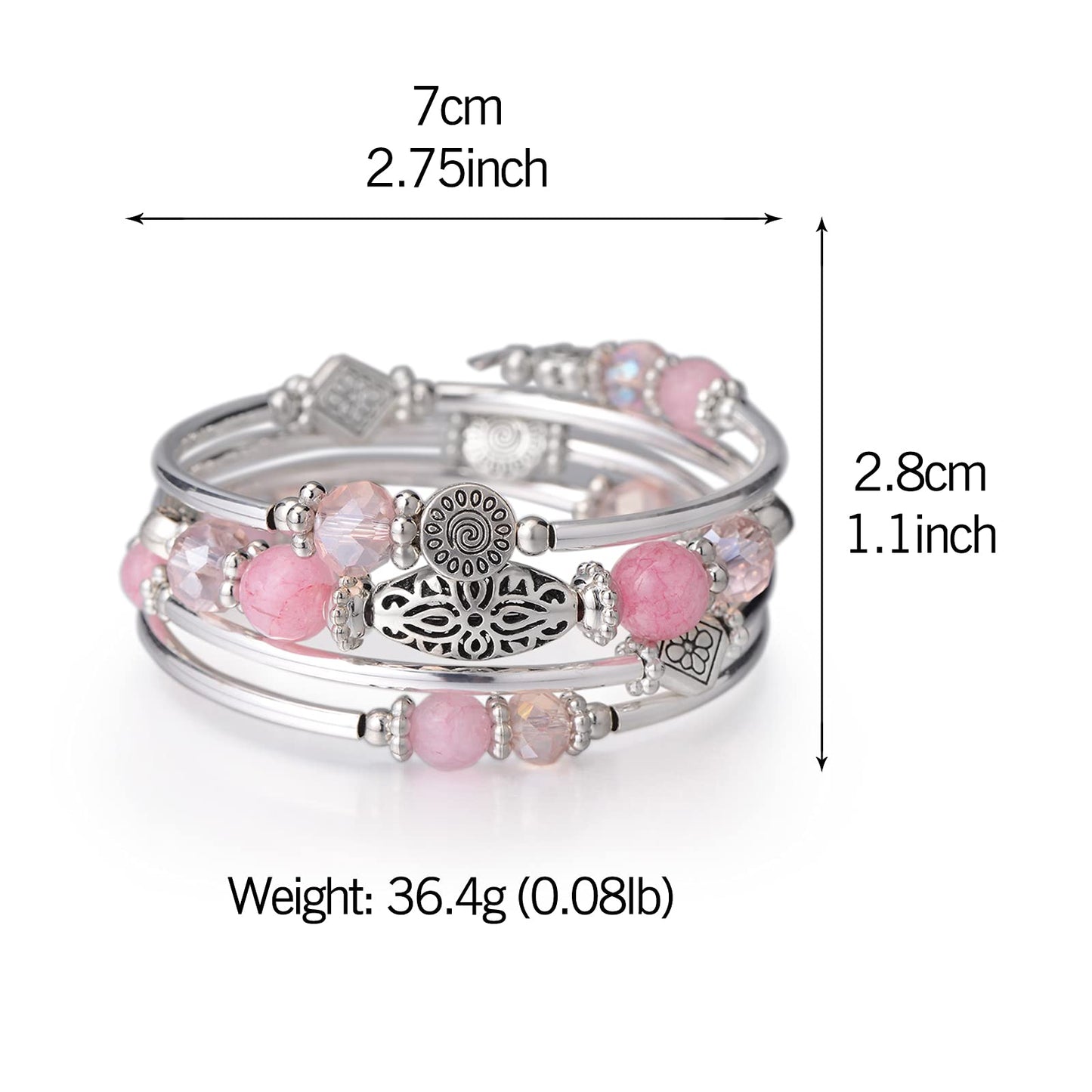 FULU AUTUMN Stackable Beaded Bracelets for Women Boho Wrap Silver Bracelet Layered Fashion Jewelry Gifts for Her(Pink)