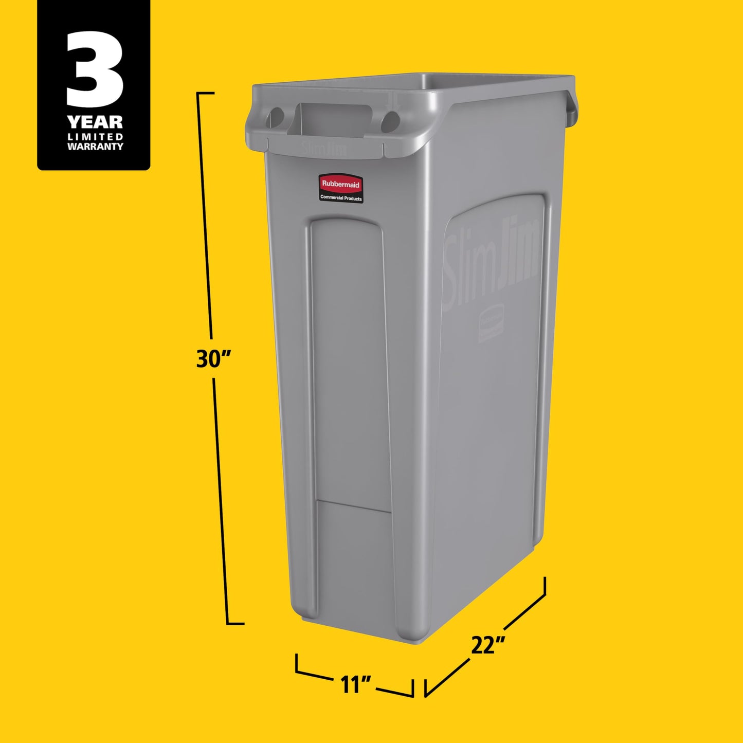 Rubbermaid Commercial Products Slim Jim Plastic Rectangular Trash/Garbage Can with Venting Channels, 23 Gallon, Gray