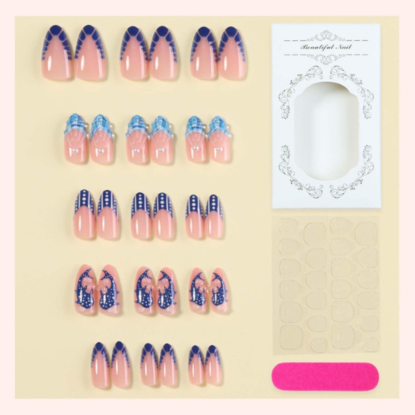 DANMANR Short Press on Nails Almond Fake Nails Full Cover French Whale Acrylic 3D Pearl Shell False Nails for Women and Girls 24PCS