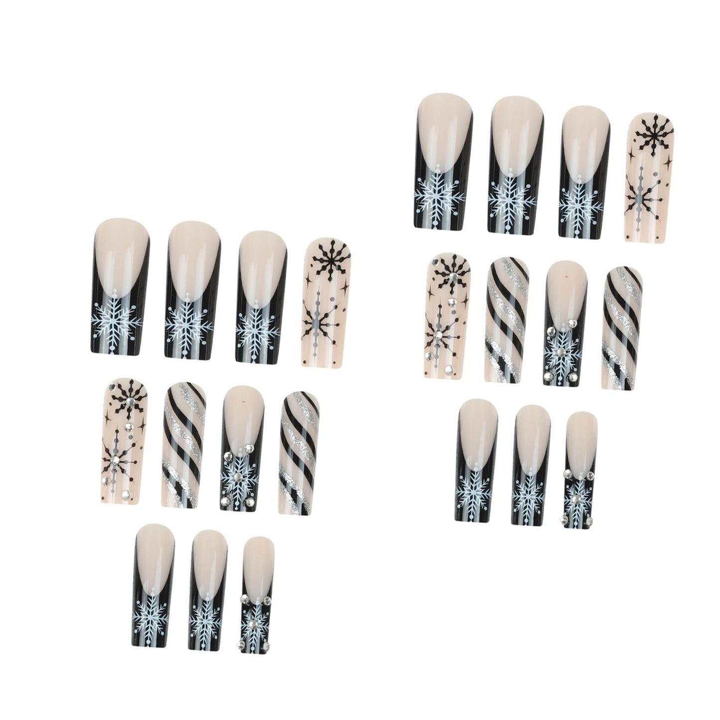 IMSOHOT Black Press on Nails Long Square Fake Nails Xmas Snowflake, Silver Glitter, Rhinestone | Acrylic Glossy False Nails Artificial Glue on Nails for Women DIY Manicure Decor