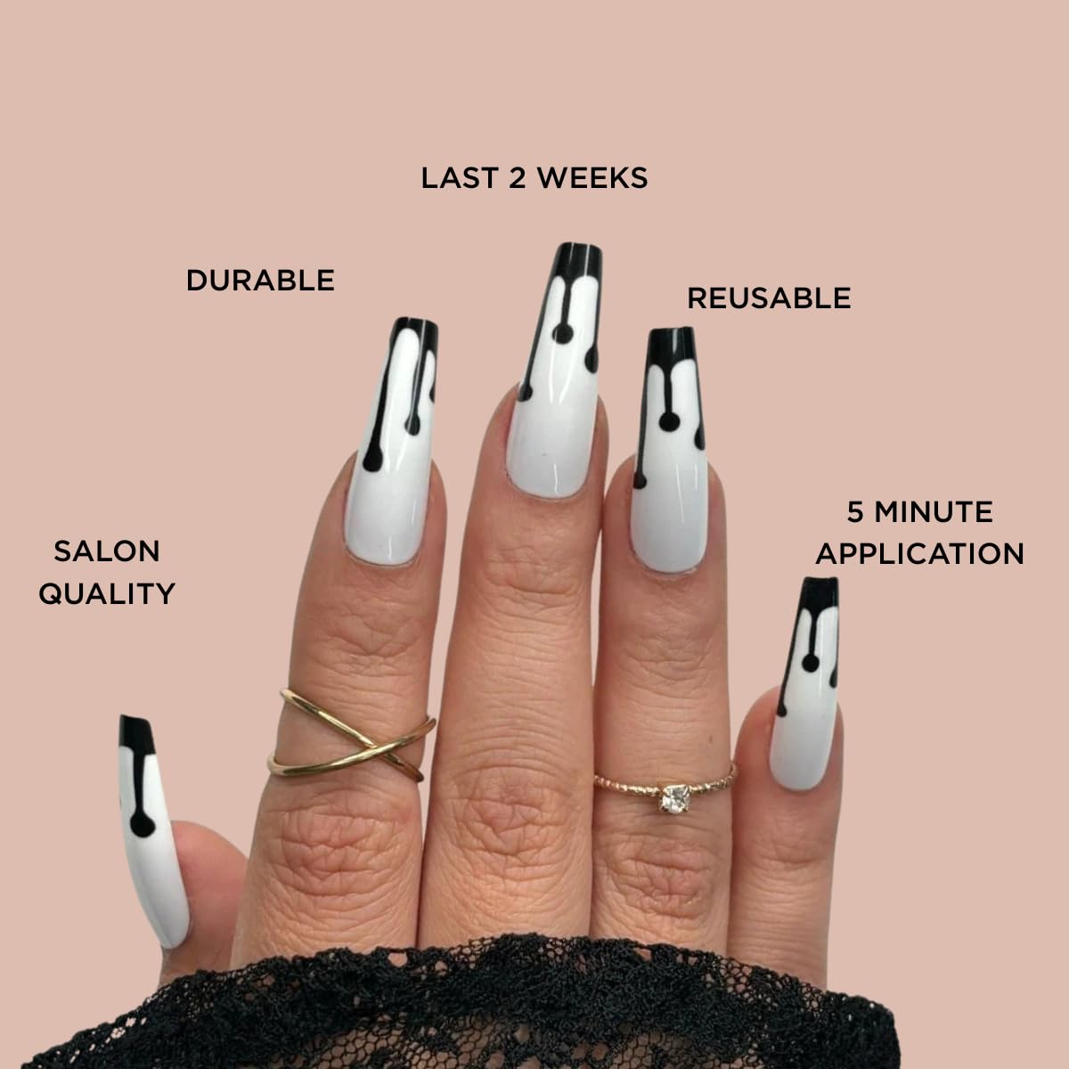 BLACK DRIP by Lavaa Beauty | Extra-Long Coffin Press-On Nails | Black Paint Drip on White Base