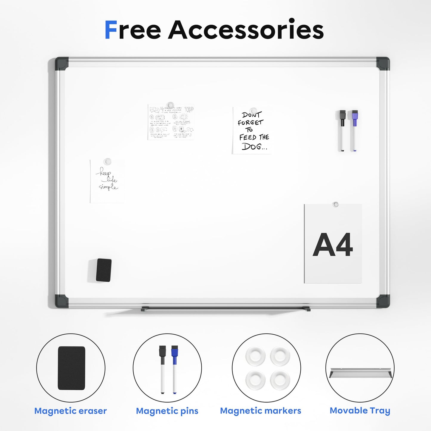 VUSIGN Magnetic Whiteboard 48" x 36", Large Dry Erase Board for Wall with Silver Frame, Wall-Mounted White Board for Office, Classroom & Home, Includes Markers, Magnets and Eraser