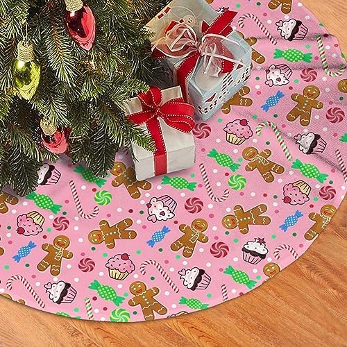 Cute Gingerbread Candy Christmas Tree Skirt 30 Inches Pink Santa Tree Skirts Farmhouse Xmas Tree Mat Ornaments Decorations