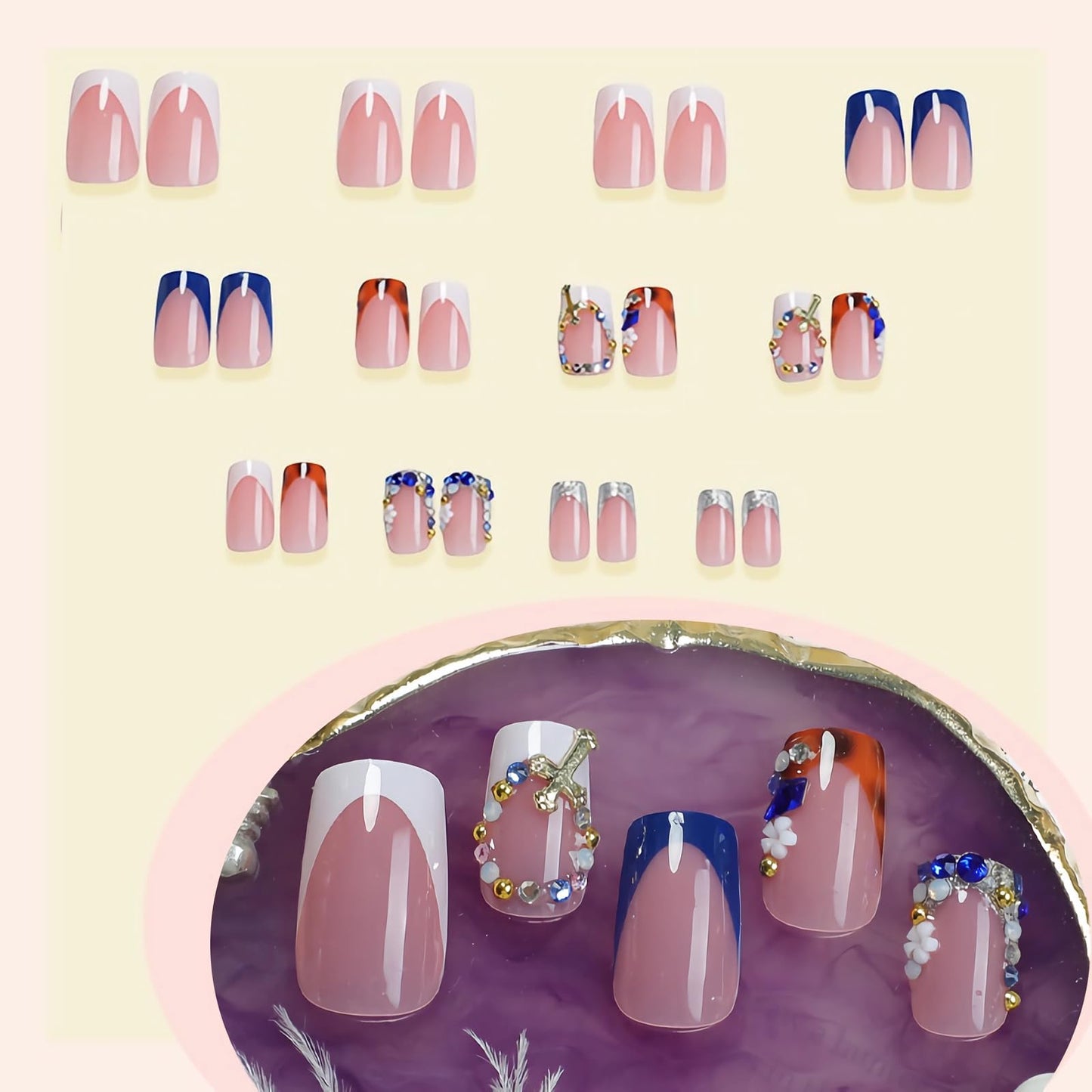BABALAL Punk Press On False Nails Short Square Fake Nails Fall Cheetah Glue ons Blue White French Tip Acrylic Nails with Cross Charm 24Pcs Gothic Squoval Full Cover Handmade Supplies