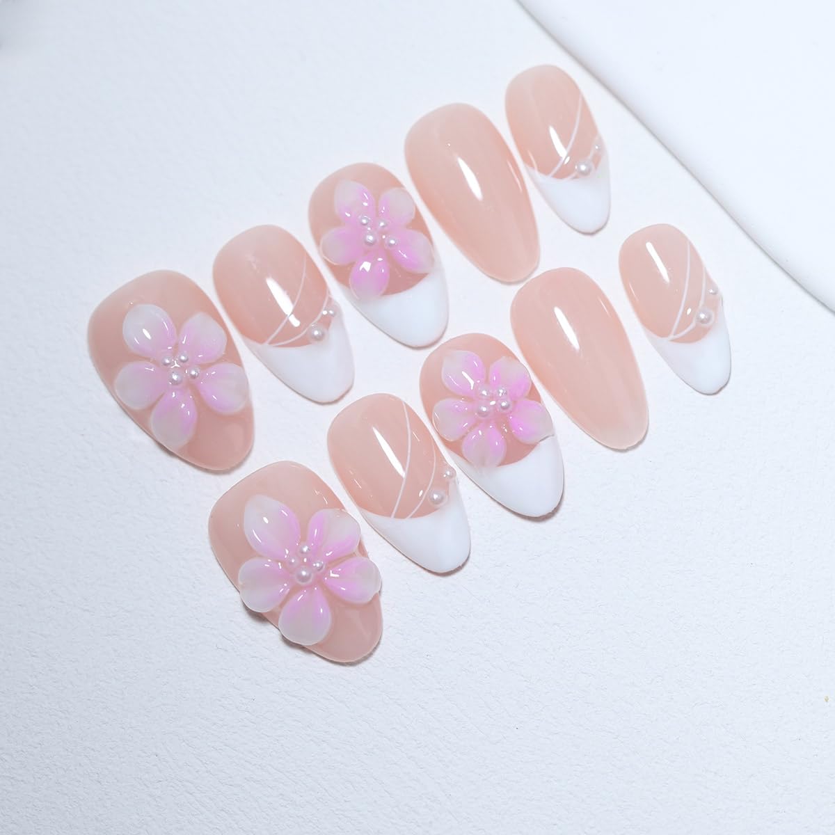 10Pcs Short Almond Handmade Press On Nails | Easy Apply & Remove, Reusable Salon Quality Nails | Elegant Nude Pink Fake Nails with 3D Floral & Pearl Accents (RR11, XS)