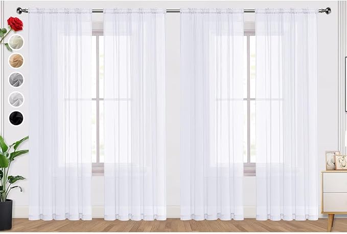 SpaceDresser Optical White Sheer Curtains 4 Panels Rod Pocket Semi-Sheer Curtain 54 Inches Long Light Filtering Voile Window Drapes for Bedroom Living Room Kitchen, Each 52W x54L