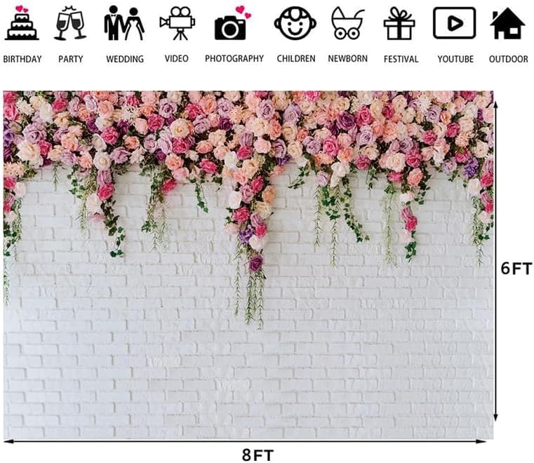 8x6ft Loral Wall Backdrop White Brick Flower Background Pink Rose Wedding Backdrop Romantic Garden Party Decoration for Bridal Shower Baby Shower Birthday Photo Booth - size: 8x6ft