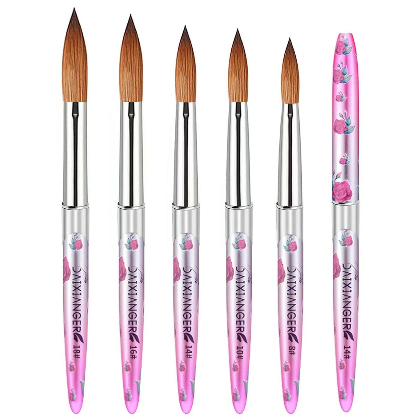 DAIXIANGER 5PCS Acrylic Nail Brush Set - Size 8/10/14/16/18 Brushes for Acrylic Powder Application, 3D Carving & Nail Art Extension, Pink Flower Handle Nail Tools for DIY Salon Manicure