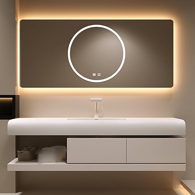44IN Bathroom Vanity with Sink - Bathroom Cabinet Set has 2 Drawers & Overflow Hole Wall Mounted | LED Practical Defogging Mirror, Open Compartments, Seamless Rock Slab Basin (Cream White)
