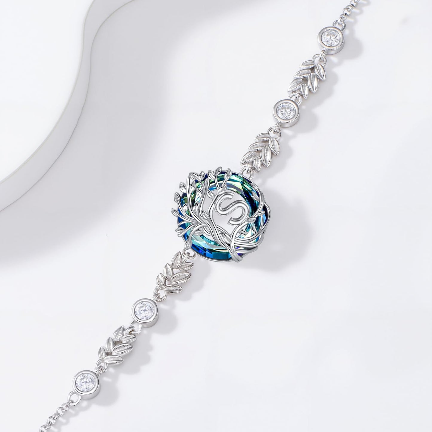 TOUPOP Tree of Life Initial Bracelet Sterling Silver Initials S Letter Link Bracelets Blue Circle Crystal Family Tree Birthday Mothers Day Jewelry Gifts for Women Mom Wife
