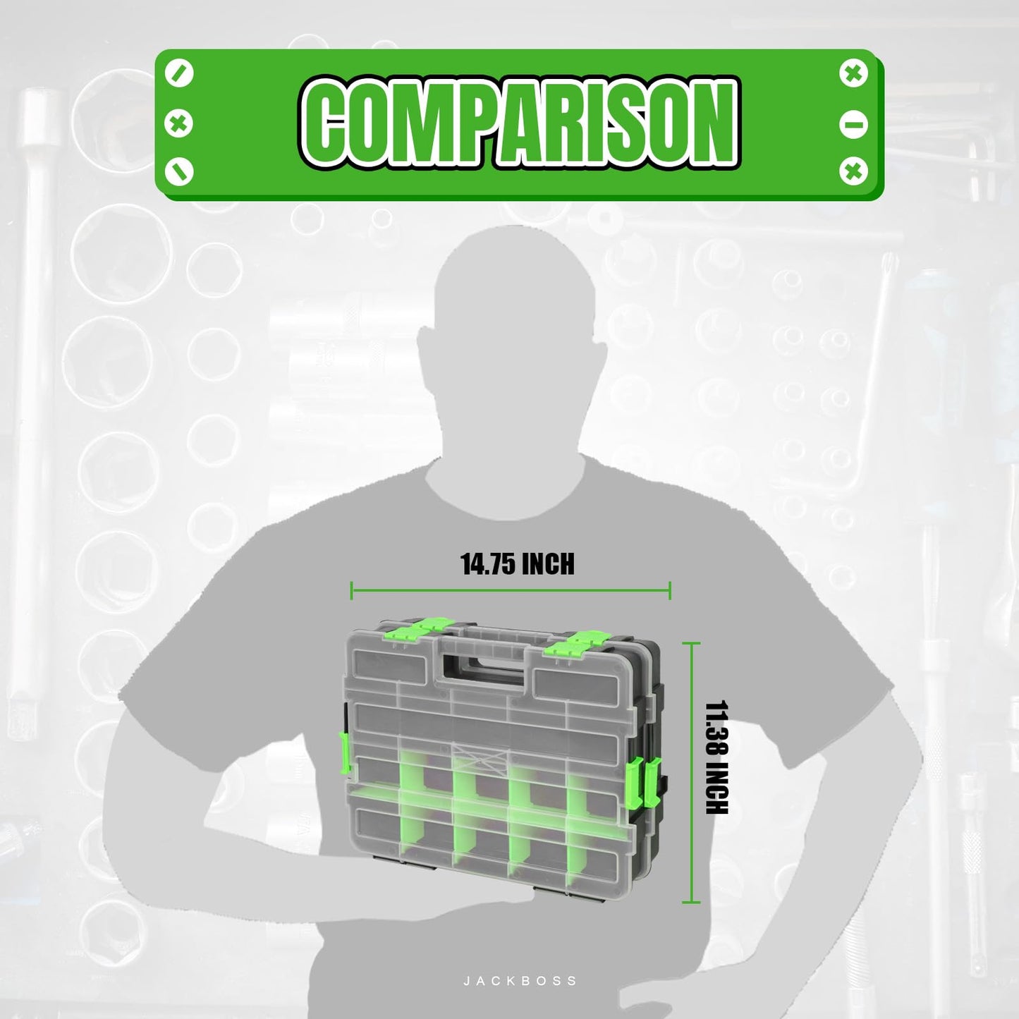 Jack Boss Tool Box with Transparent Lid, Single Side 17-Compartments Organizer Box with Removable Dividers for Hardware, Screws, Bolts, Nails, Beads, Jewelry and Fishing Accessories, Green, 2 Pack