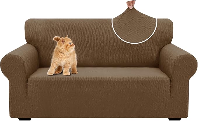 XINEAGE New 1 Piece Couch Covers for 2 Cushion (55"-69") Stretch Loveseat Sofa Cover Slipcover Jacquard Universal Furniture Protector with Elastic Bottom for Kids,Dog (Loveseat, Brown)
