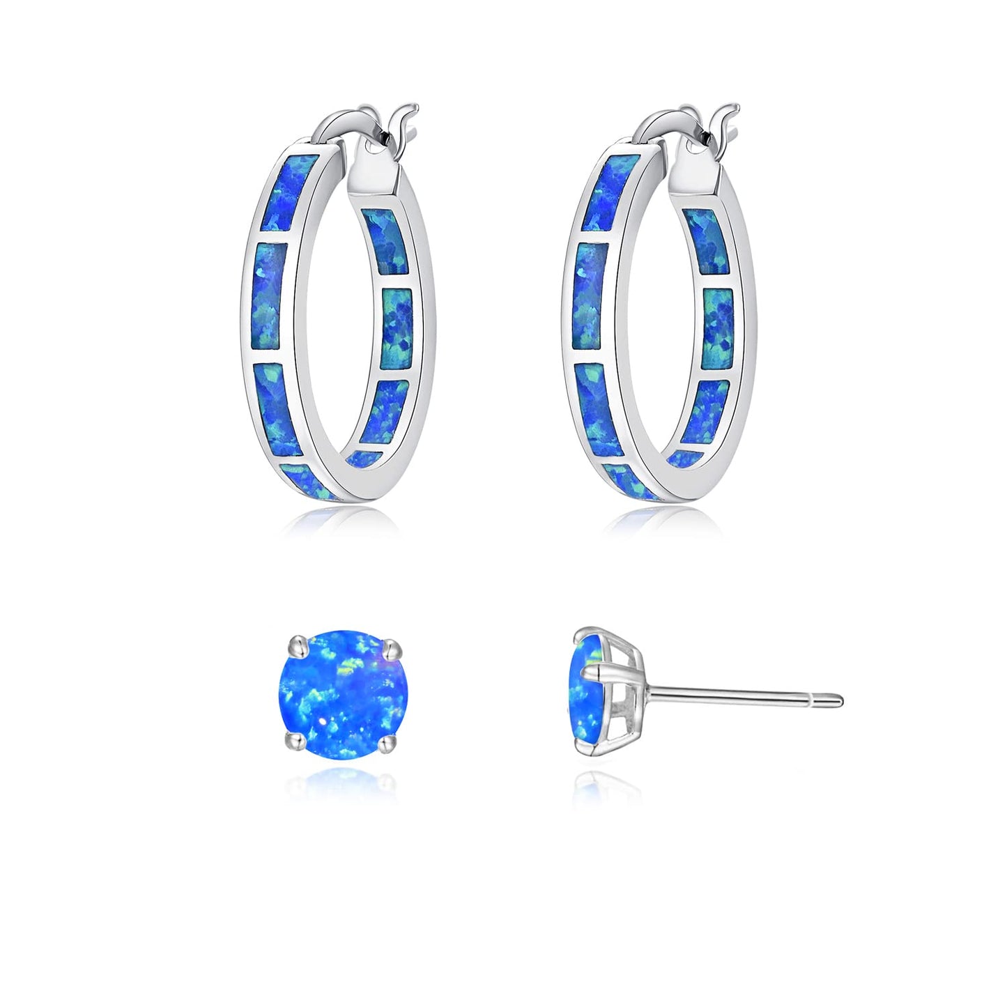 CiNily 2 Pairs Hoop Earring Set for Women Blue Opal Small Hoop Earring Silver Plated Hypoallergenic Opal Stud Earrings