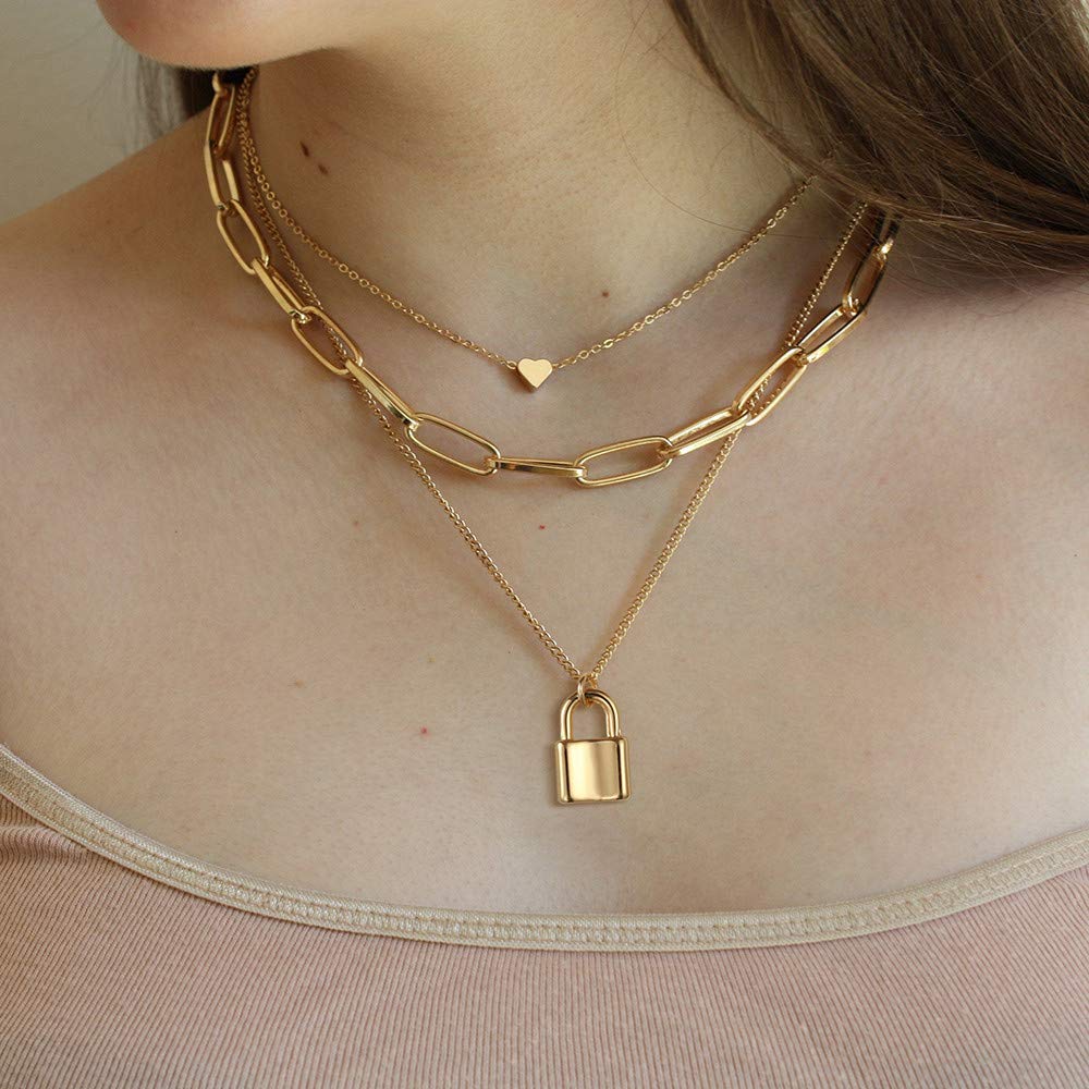 Turandoss Layered Lock Necklace for Women, Layered Heart Lock Necklace for Women Layering Link Chain Necklaces