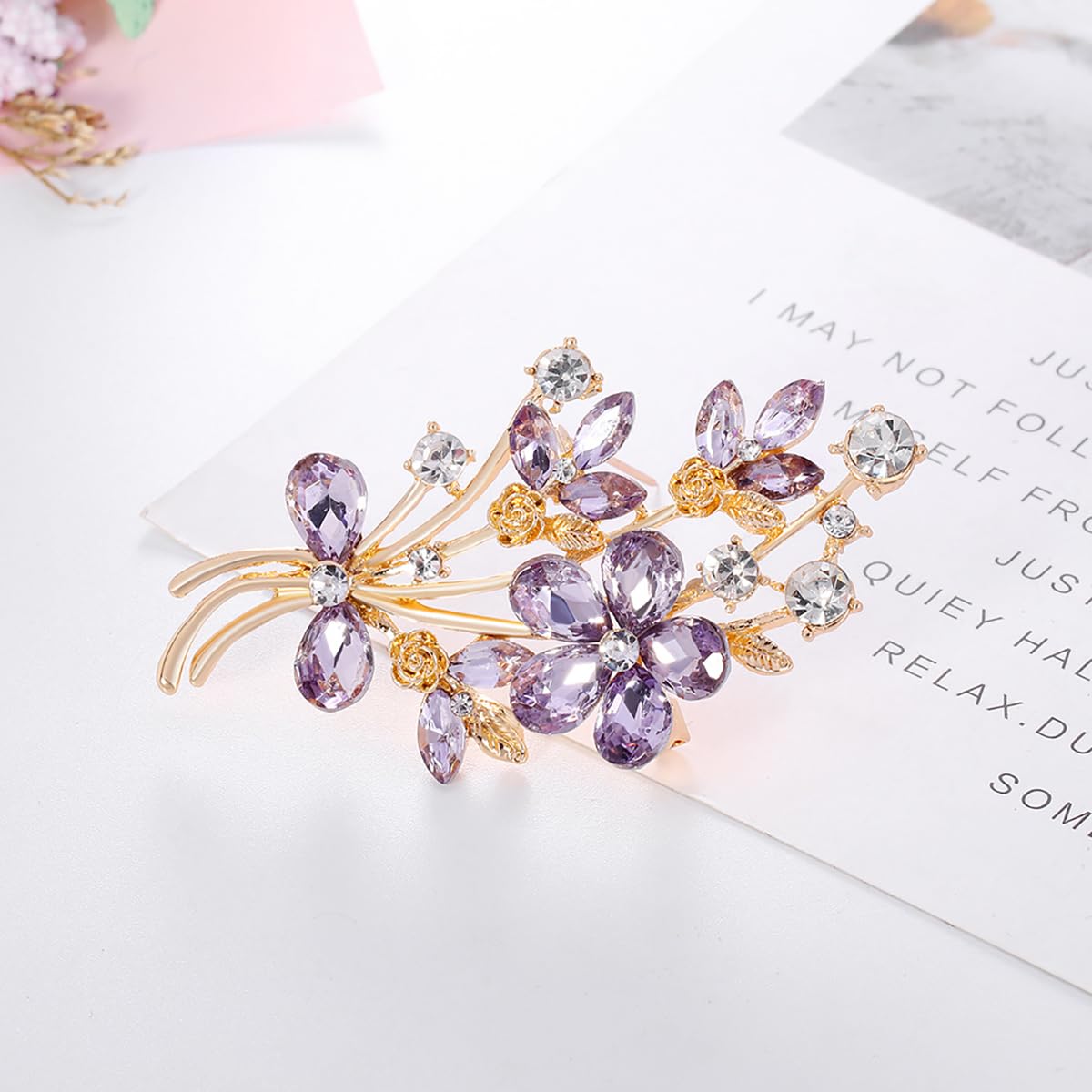 YOQUCOL Vintage Purple Austrian CZ Crystal Rhinestone Poppy Flower Bouquet Shape Brooch Pin for Women