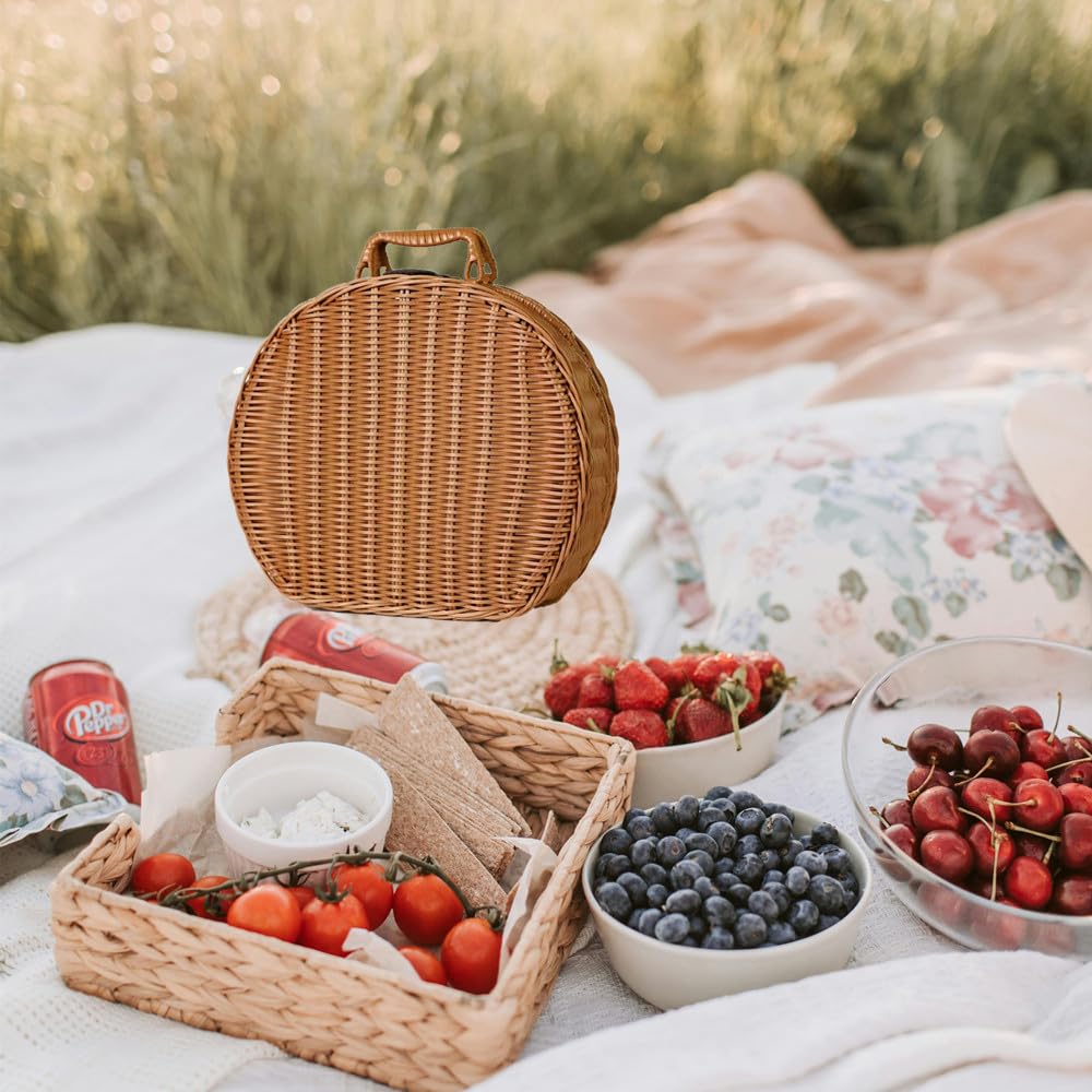 Vintage Rattan Basket, Round Woven Picnic Basket Purse with Handle Small Suitcase Retro Weaving Vine Weaving Carrying Case Gift Box for Beach, Travel & Daily Use. (M)