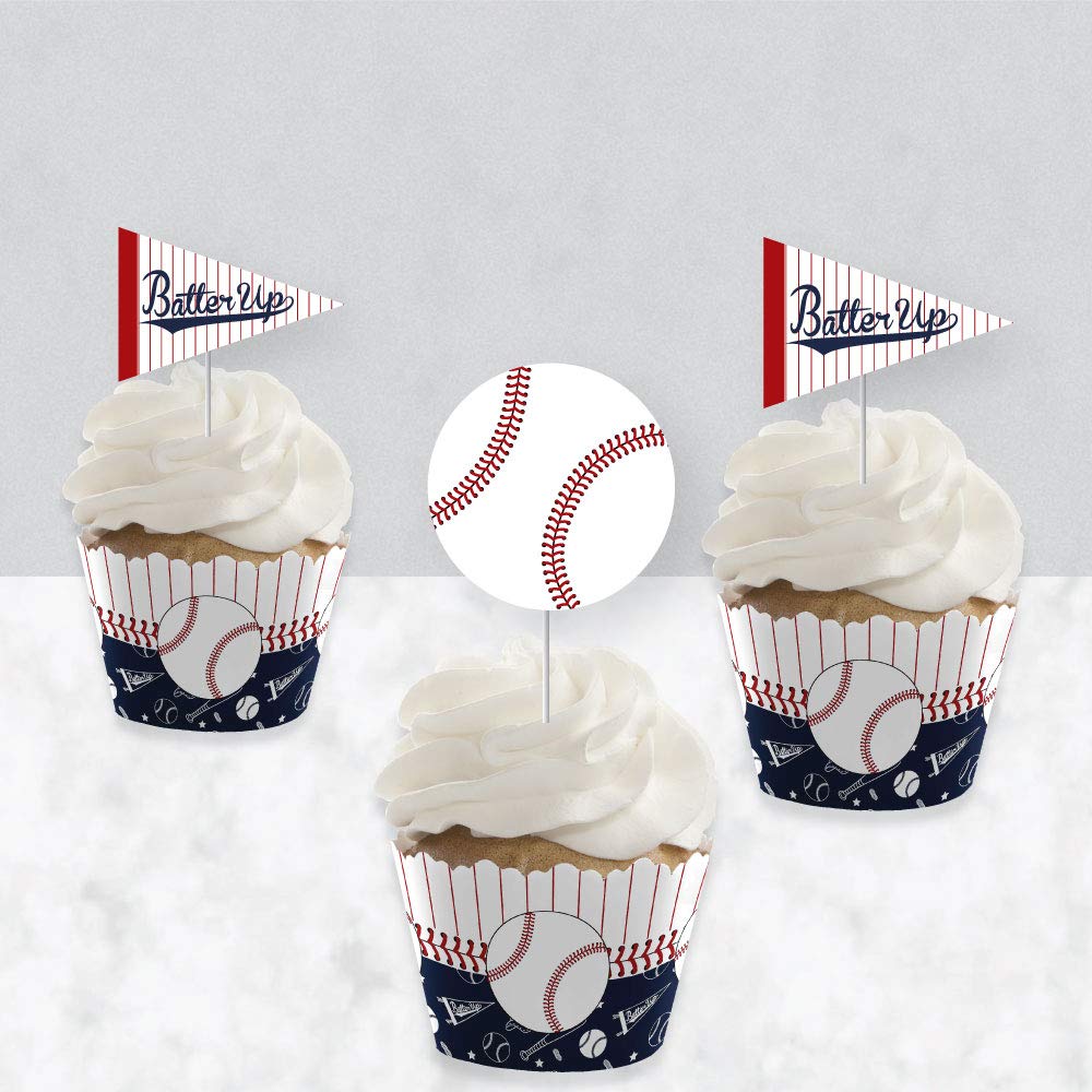 Big Dot of Happiness Batter Up - Baseball - Cupcake Decoration - Baby Shower or Birthday Party Wrappers and Treat Picks Kit - Set of 24
