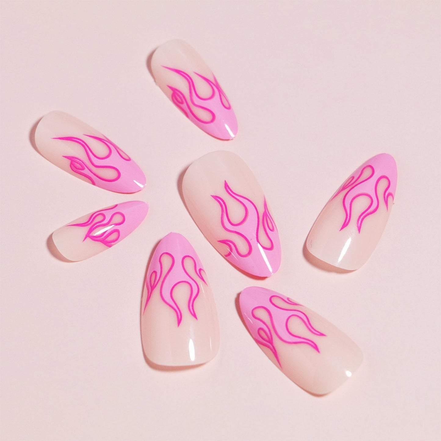 IMSOHOT Pink Press on Nails Medium Almond Fake Nails Flame Pattern Design Glossy French Tips Glue on Nails for Women DIY Charm Manicure 24Pcs