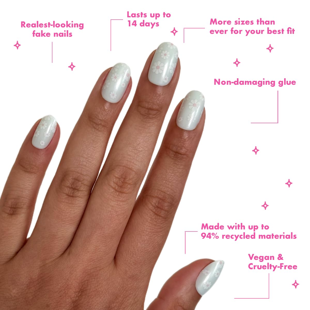 Olive & June Maximalist Instant Mani Press-On Nails (Glue) | 42 Fake Nails, 21 Sizes | Non-Toxic, Long-Lasting Big, Bold Gorgeous Realistic Look | Short, Round | Teal Chrome Flower Shower