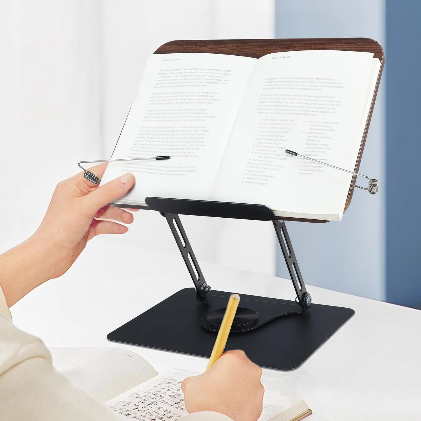 comfoyar Book Stand for Reading, Foldable Textbook Reading Stand with 360° Swivel Base and Elastic Page Clips, Adjustable Desk Cookbook Holder for Recipe Tablet Laptop Music Scores, Hands Free