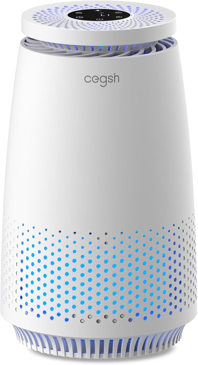 Cegsin Air Purifiers for Home Bedroom, 3-in-1 HEPA Filter for Pets Dander Dust Pollen Smoke Odors, Quiet Air Cleaner with Sleep Mode, 12H Timer, Night Light, Aromatherapy, Safety Lock, White
