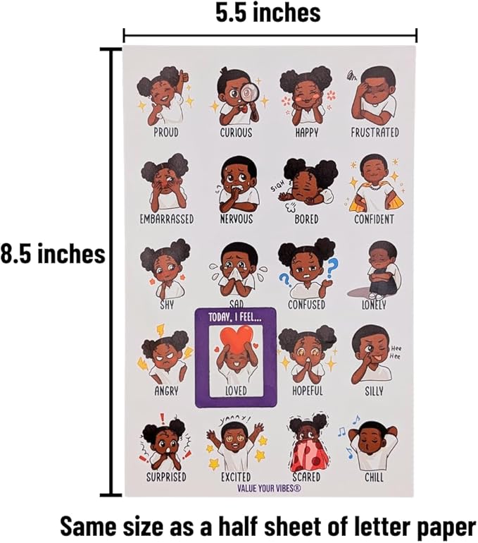 Daily Vibe Check Magnet - Black Feelings & Emotions Chart - 8.5” x 5.5” - Two-Piece Magnet Set (Child)