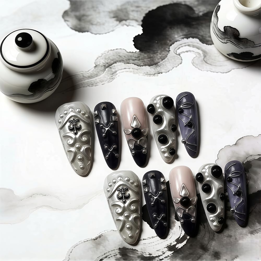 WZHAOJUN Handmade Press On Nails,Medium Black Gothic Presson Nails For Women,10pcs Abs Material Fake Nails With Design-Reusable Glue On Hand Made Nails For Party Wedding(10Pcs Size M)