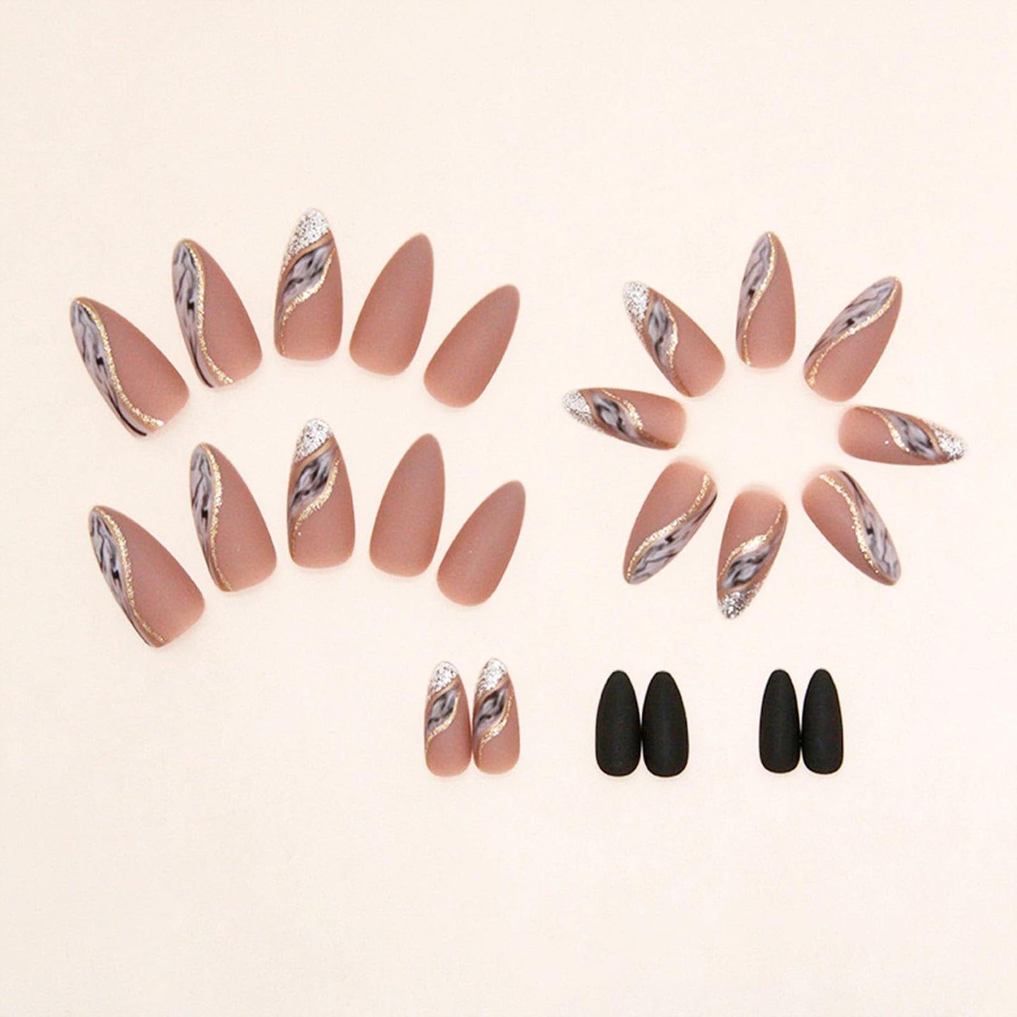 Almond Press on Nails Medium Fake Nails Nude False Nails with Designs Gold Glitter Line Glue on Nail Marble Full Cover Acrylic Nails Brown Matte Stick on Nail for Women 24 Pcs