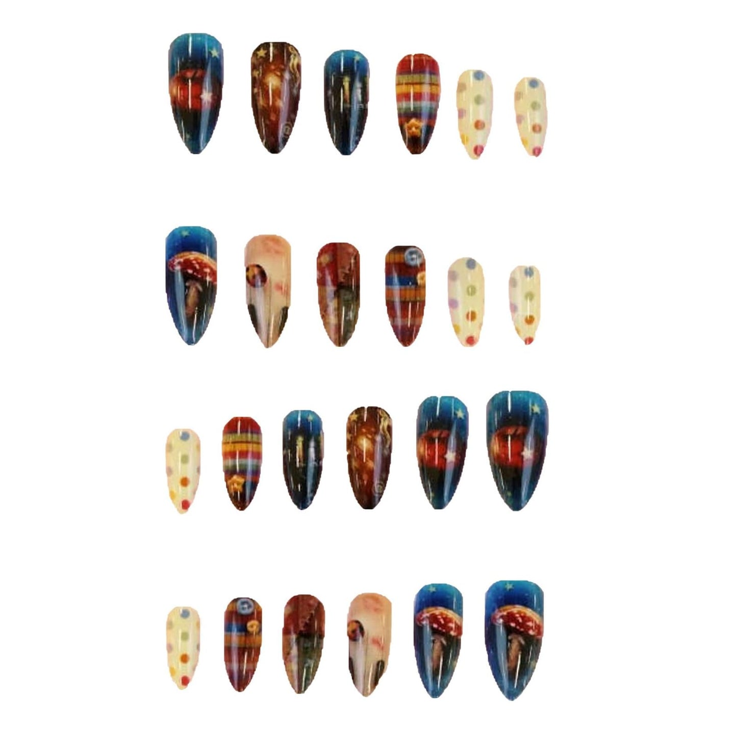 IMRAIN Press on Nails - Medium Almond Fake Nails | Polka Dot, Star, Cute Pattern Designs Full Cover Blue Brown Glue on Nails Glossy False Nails for Women Girls 24Pcs