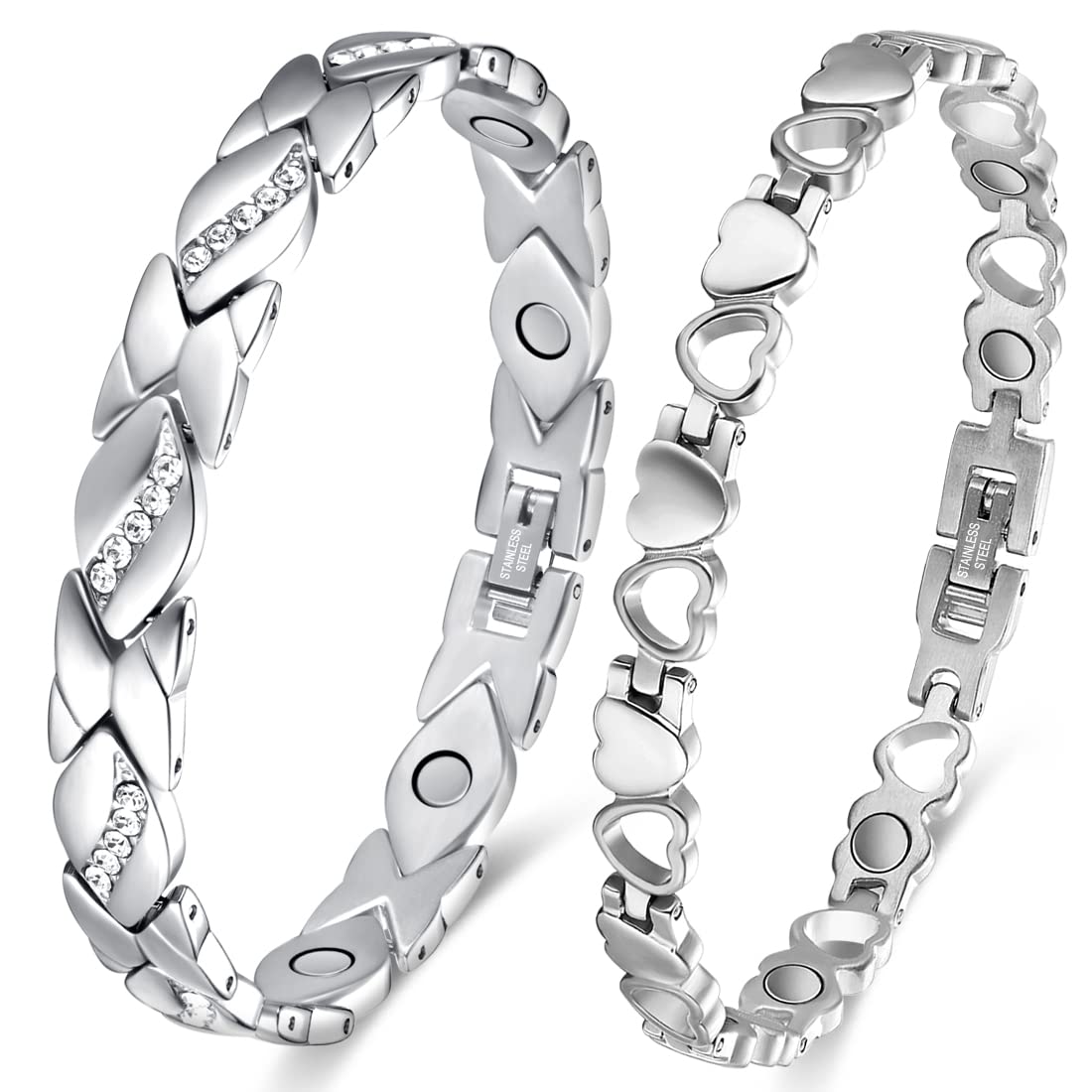 Cigmag 2PCS Magnetic Bracelets for Women Adjustable Titanium Steel Magnetic Bracelet with Strength Magnets Sizing Tool (Crystal & Love)