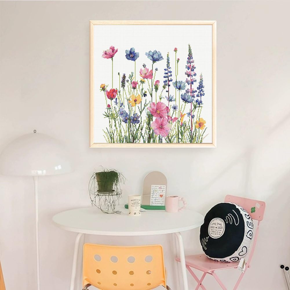 KYOQFVN Flower Stamped Cross Stitch Kits for Adults，11CT Needlepoint Counted Cross Stitch Kits for Beginner，Printed Dimensions - Embroidery Kit Arts and Crafts 14×14 Inch