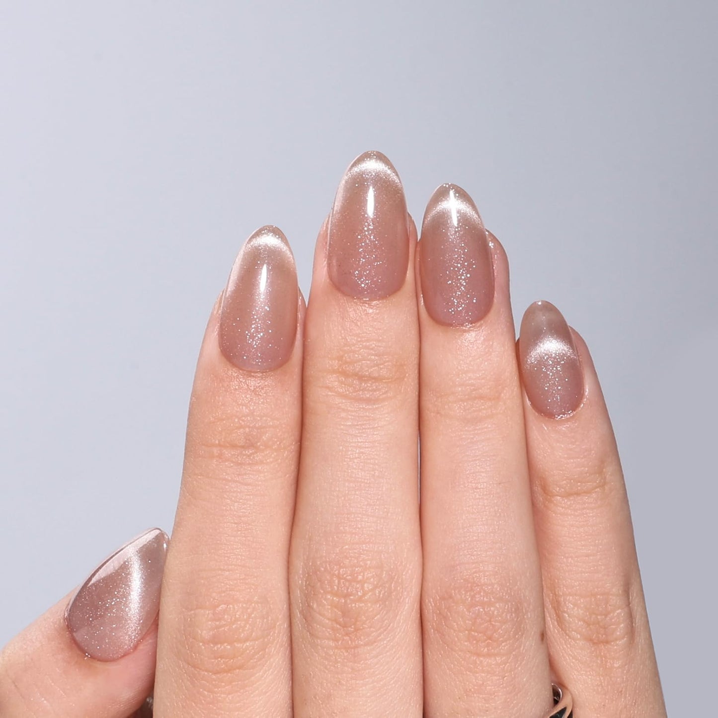 Cat Eye Press On Nails - Short Almond Cat Eye French Tip Press On Nails Press Ons for Women Nude Fake Nails with Glue, Glossy Reusable Glue on Nail in 16 Sizes - 32pcs