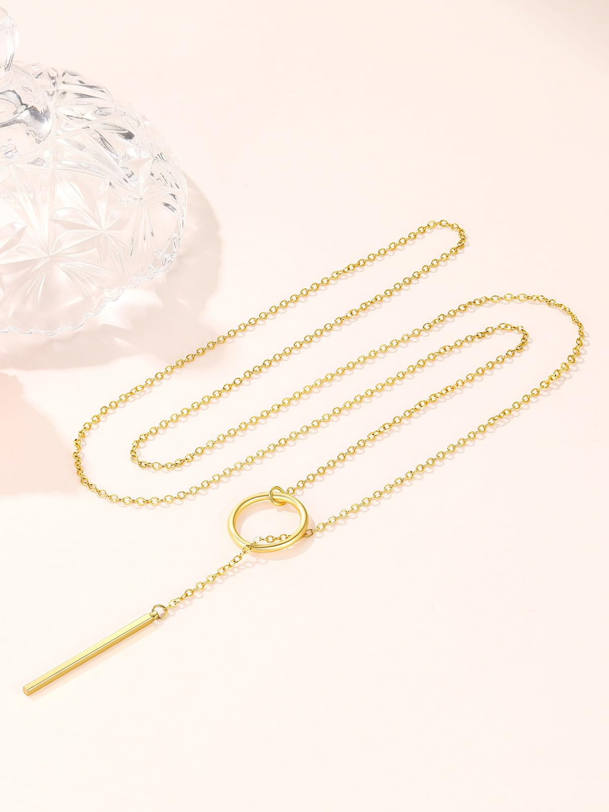 FOCALOOK Long Gold Necklaces for Women Custom Personalized Drop Bar Pendant Lariat Necklace 28inch/73cm
