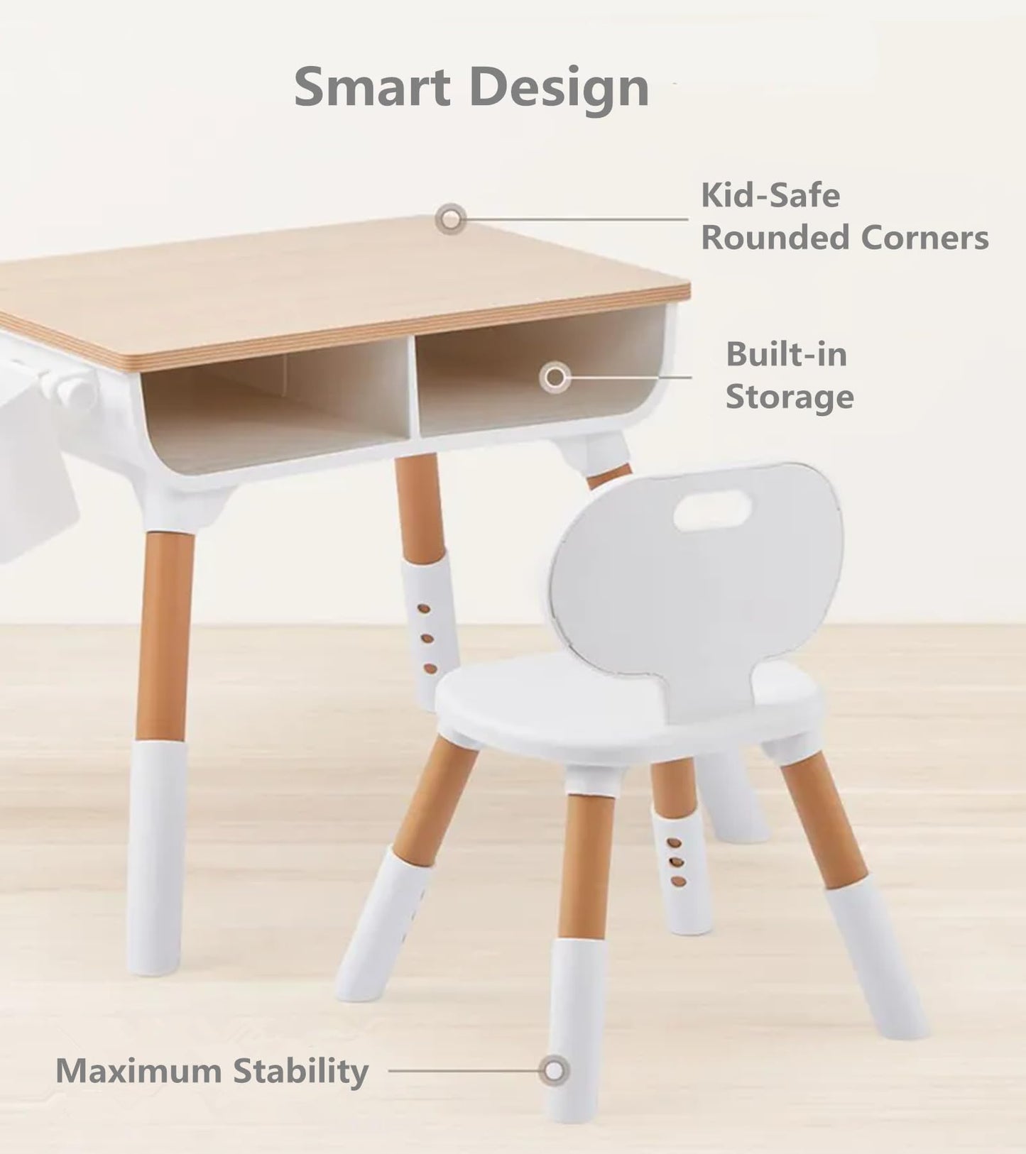 Tonlevo Toddler Desk & Chair Set - Adjustable Height Kids Table with Storage, Solid Wood Legs, Ergonomic for Arts & Crafts, Learning, Snacks & Play (Ages 1-8) - Tool-Free Assembly, White/Natural Wood