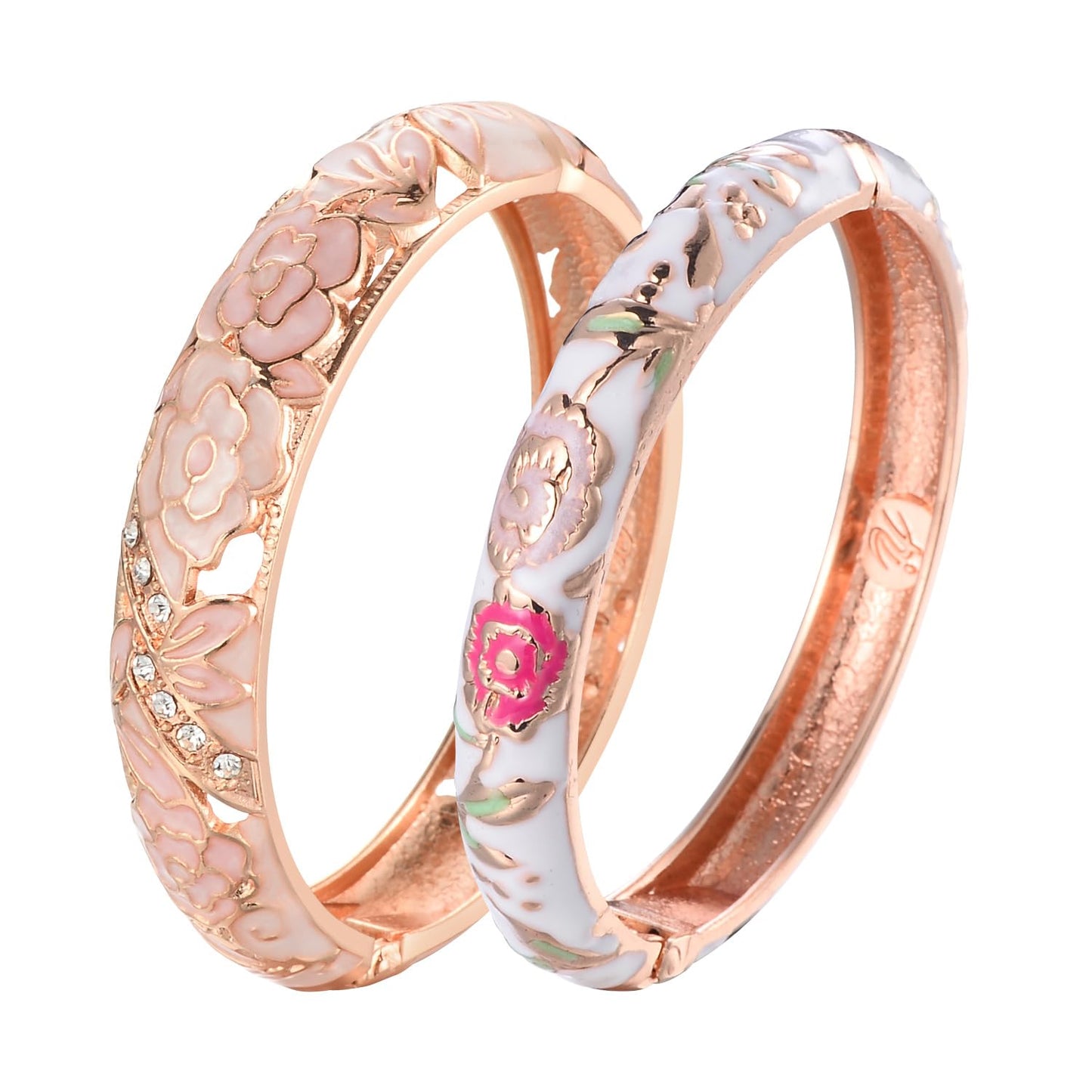 UJOY Vintage Jewelry Cloisonne Handcrafted Enameled Flower Gorgeous Rhinestone Hinged Cuff Bracelet Bangles Gifts 88C06-55A106 Pink White