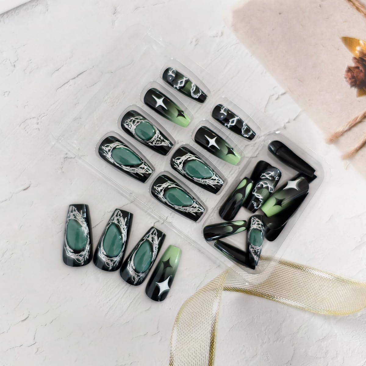 24Pcs Gothic Press on Nails Medium Coffin Fake Nails 3D Y2K False Nail with Star Irregular Silver Designs Black Green Gradient Glue on Nails Silver Metal Nail Tips Full Cover Dark Stick on Nail Set