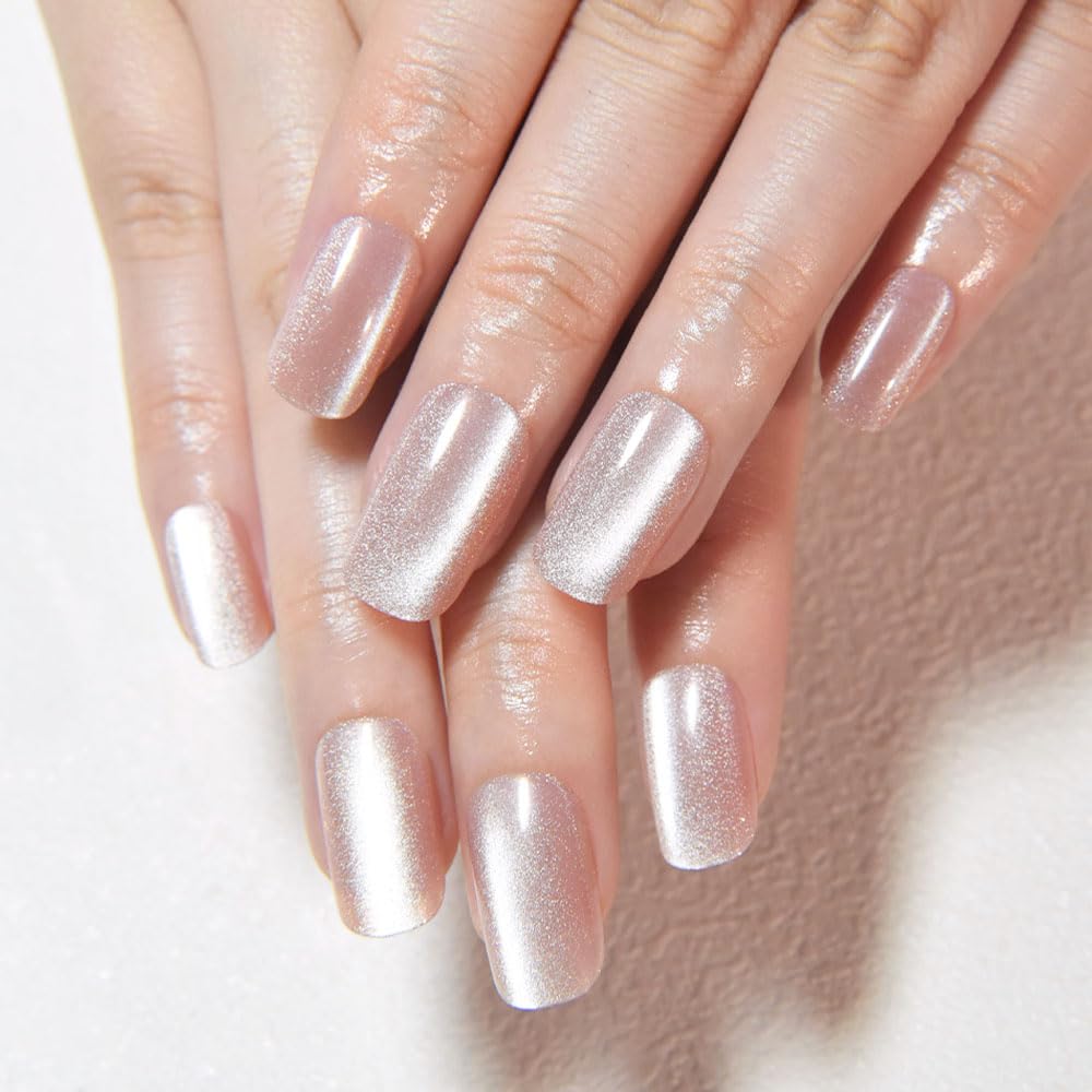 evpct Light Nude Cat Eye Press on Nails Medium Square No Glue, Medium Square Press Stick on Nails Chrome for Women, Nude Holographic Glitter Glossy Reusable Soft Acrylic Fake Nail with Cateye Design