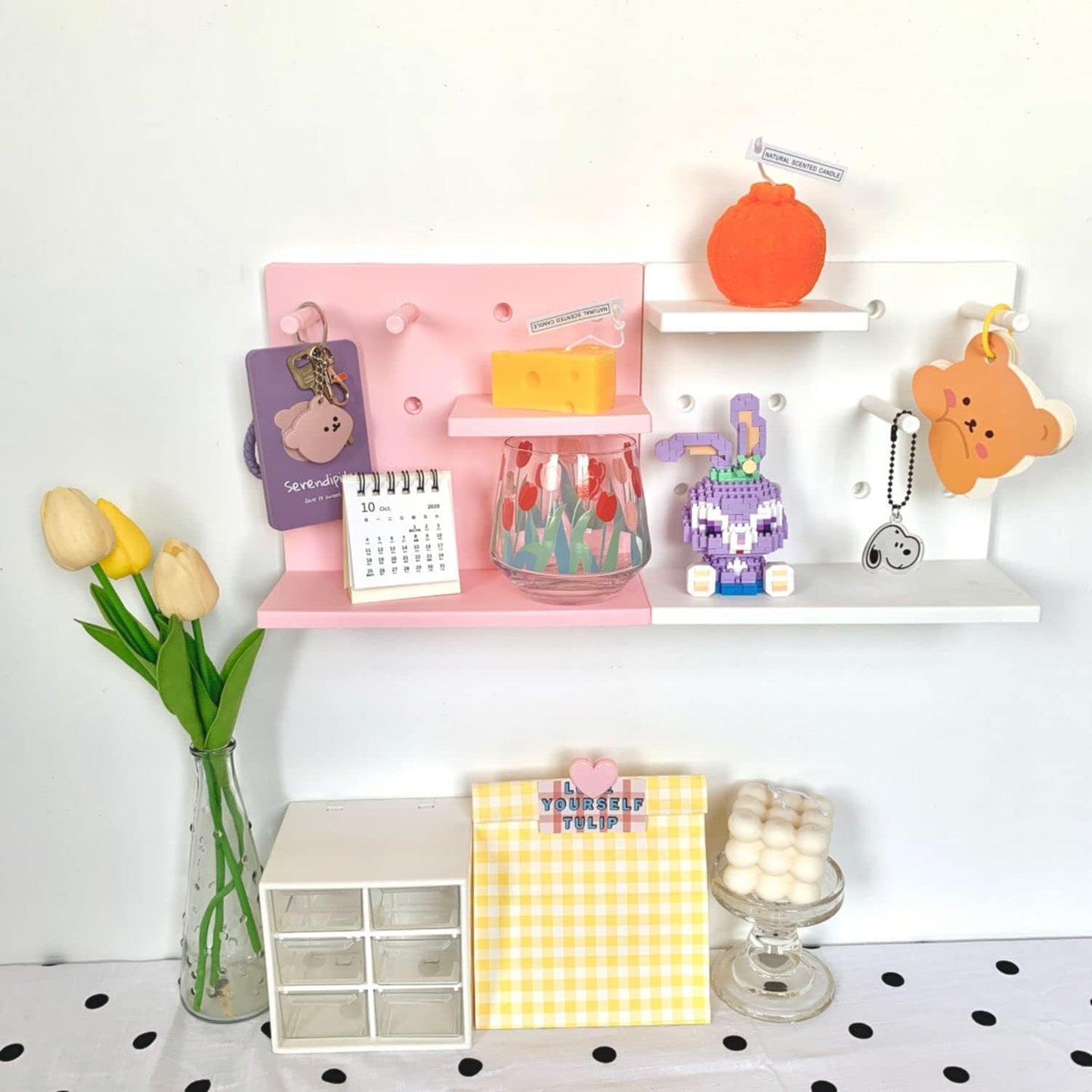 HGYZE Peg Boards for Wall with Shelf & Hooks, No Punching Craft Storage, Small Pegboard Ledges Organizer for Hanging Keychains, 4 Pack Decorative Wall Panel Kits for Blindboxes Lightweight Dolls, Pink