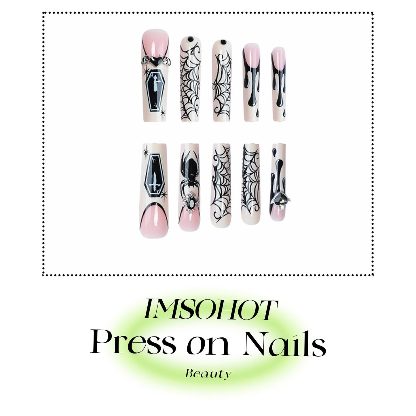 IMSOHOT Halloween Press on Nails Extra Long Square Fake Nails Glossy Acrylic French Tip False Nails with Black Spider Web Designs Goth Gel Glue on Acrylic Nails